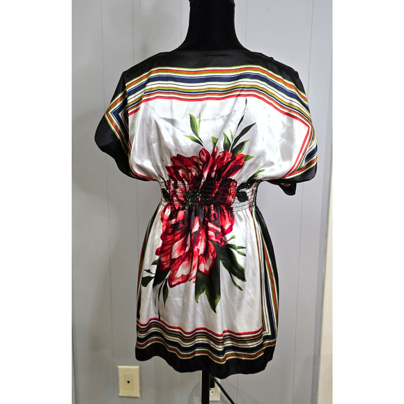 VTG NWOT Topia Womens XL Y2K 90s Tunic Bold Floral Striped Smocked Cinched Waist - Picture 2 of 6